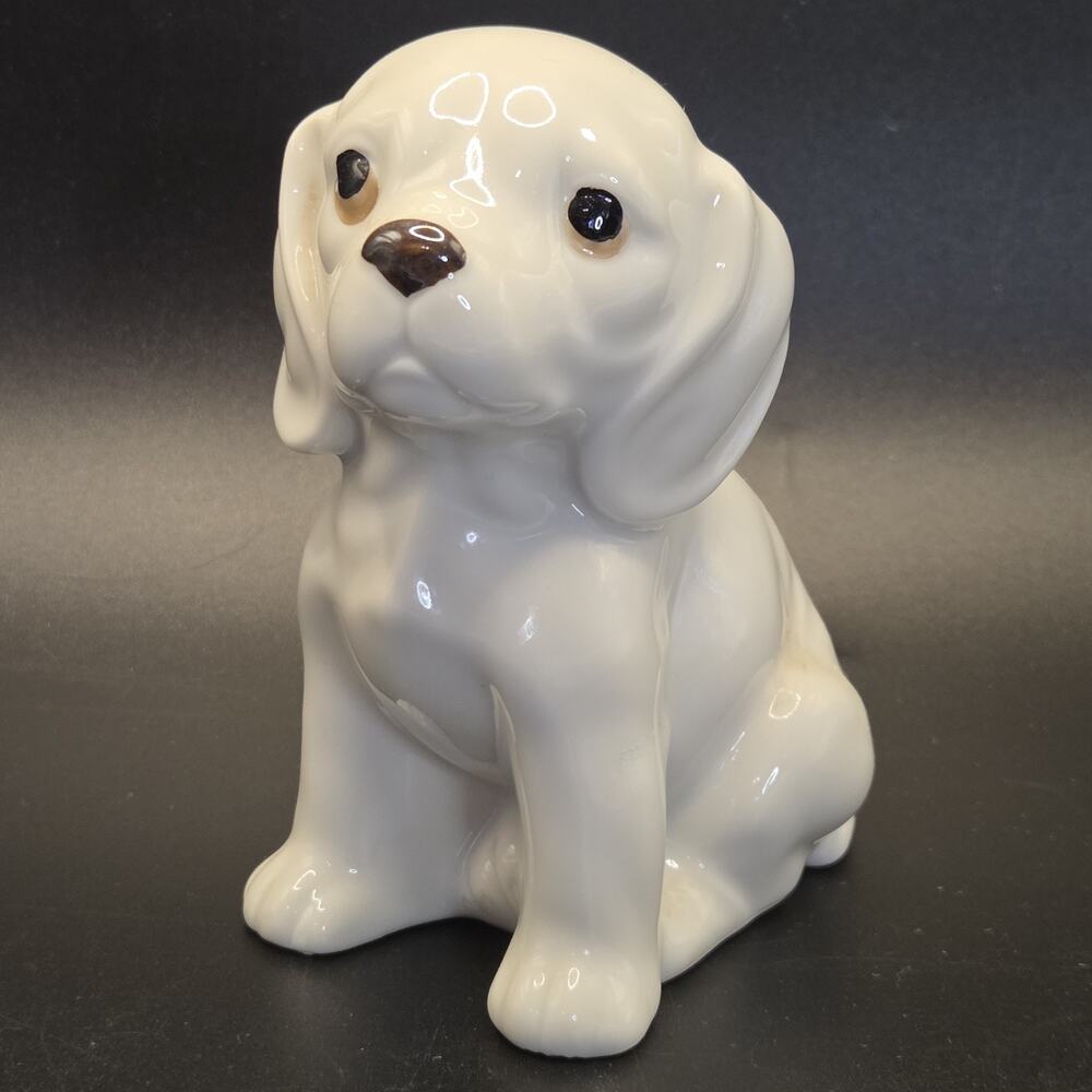 Vintage Hand Painted Ceramic White Puppy Dog Figurine Statue
